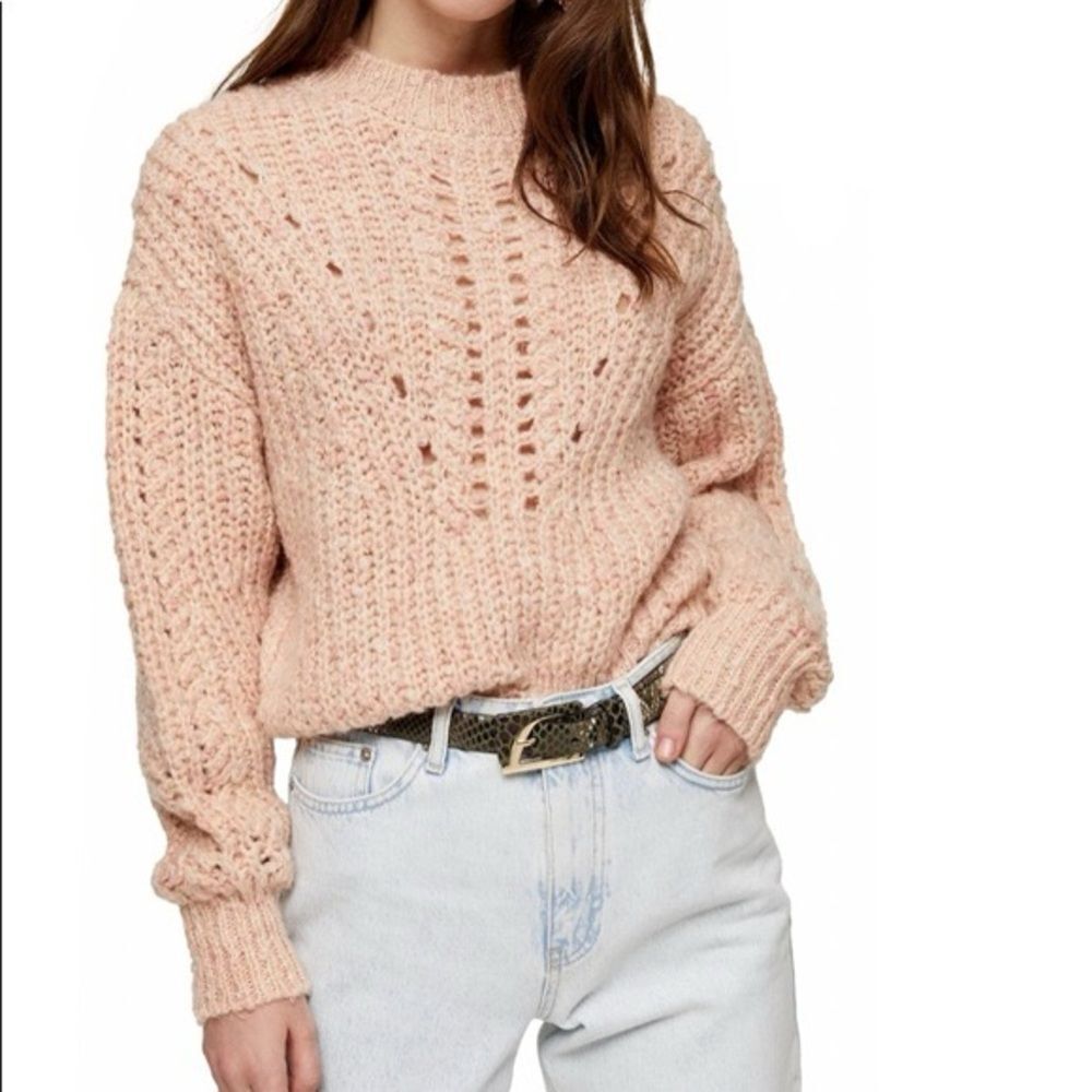 Topshop Pointelle Sweater Women's Pale Pink Medium Textured‎ Chunky Knit Cropped